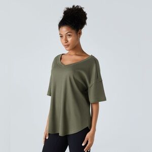 Halara Green V Neck Dropped Shoulder Curved Hem Relaxed Waffle T-Shirt| NEW/NWOT